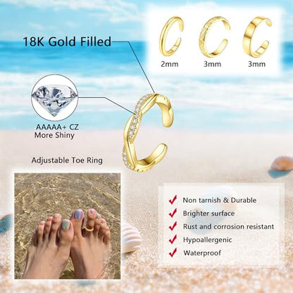 SONNYX 9Pcs 18K Gold Plated Gold Toe Rings for Women | Adjustable Silver Toe Rings Foot Jewelry for Summer Beach - color: Gold1