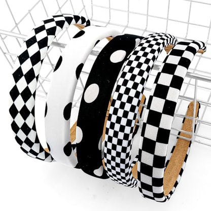 5 PCS Checkered Headbands, Black and White Padded Headband for Women Girls Buffalo Plaid Wide Hair Bands Non-Slip Stretch Hair Accessories