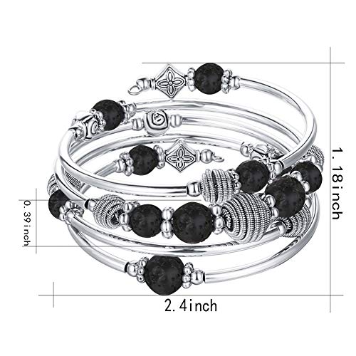 PEARL&CLUB Beaded Chakra Bangle Turquoise Bracelet - Fashion Jewelry Wrap Bracelet with Thick Silver Metal and Mala Beads, Birthday Gifts For Women - color: Lava stone