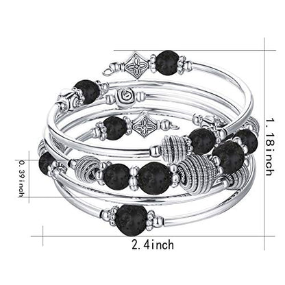 PEARL&CLUB Beaded Chakra Bangle Turquoise Bracelet - Fashion Jewelry Wrap Bracelet with Thick Silver Metal and Mala Beads, Birthday Gifts For Women - color: Lava stone