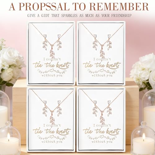 DHQH Bridesmaid Necklace Earrings Set Gifts I Couldn't Say I DO Without You Cubic Zirconia Leaf Pendant Necklace Bridesmaid Proposal Gift Set of 4 6 - color: rose-leaf-4set