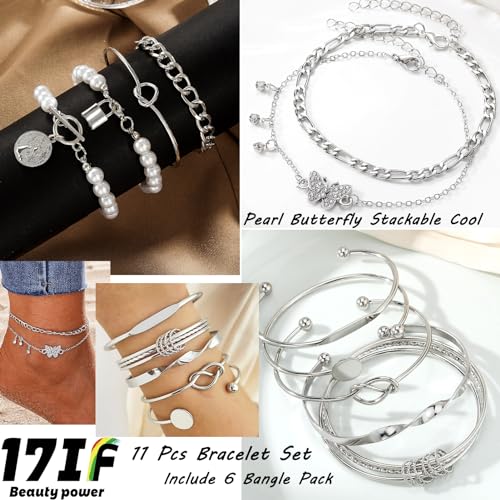 17IF 53 PCS(8 PACK) Silver Plated Jewelry Set for Women，4 Styles | with 6 Necklace 11 Ankle Bracelet 30 Kunckle Ring 6 Pair Earring Hoop Vintage Boho Pearl Birthday Travel Holiday - style: Vintage