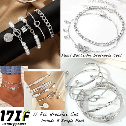17IF 53 PCS(8 PACK) Silver Plated Jewelry Set for Women，4 Styles | with 6 Necklace 11 Ankle Bracelet 30 Kunckle Ring 6 Pair Earring Hoop Vintage Boho Pearl Birthday Travel Holiday - style: Vintage