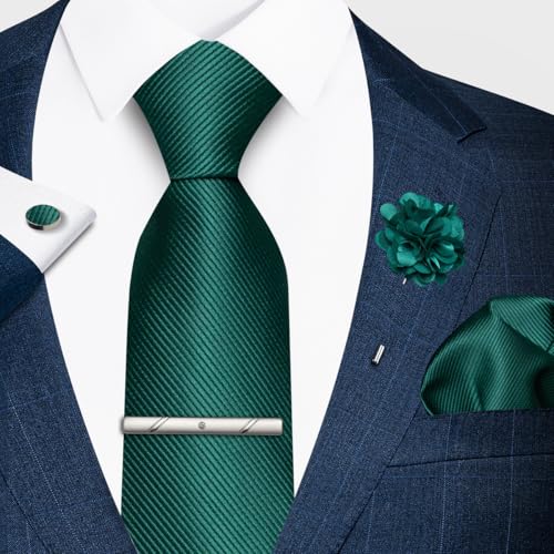 joy alice 30 Colors Solid Ties for Man Pure Color Men's Tie Set with Lapel Pin Pocket Square Tie Clip - color: Emerald Green
