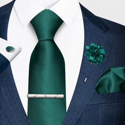 joy alice 30 Colors Solid Ties for Man Pure Color Men's Tie Set with Lapel Pin Pocket Square Tie Clip - color: Emerald Green
