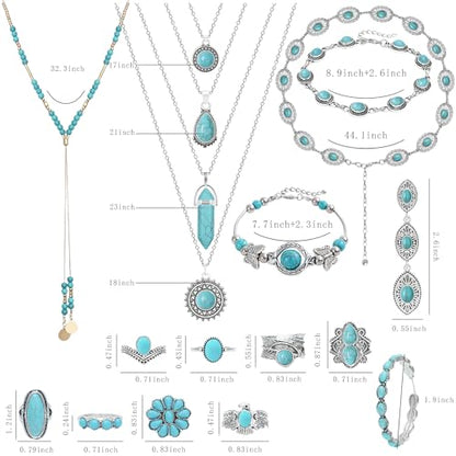 NEWITIN 20 Pieces Silver Bohemian Jewelry Set for Women Fashion Costume Jewels Turquoise Necklace Bracelet Ring Earrings Western Turquoise Jewelry Set for Women - color: Bohemian Jewelry Set