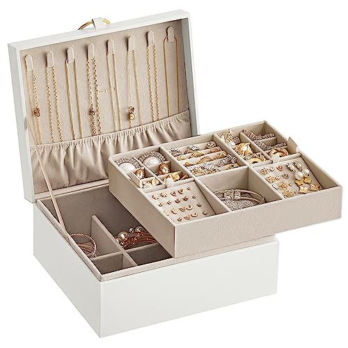 SONGMICS 2-Layer Jewelry Box, Jewelry Organizer with Handle, Removable Jewelry Tray, Jewelry Storage, Floating Effect, 8.1 x 9.4 x 4.3 Inches, Gift Idea, White UJBC165W01 - color: White