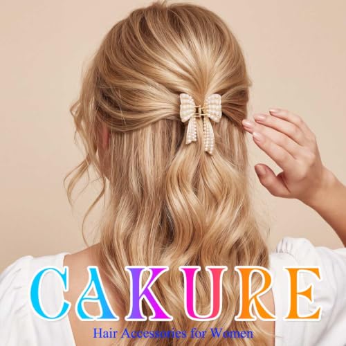 CAKURE Bow Claw Clips Gold Hair Clips Hair Accessories for Women | 2 PCS Pearl Bow Hair Claw Clips for Thin Hair Cute Small Claw Jaw Clips Daily Prom Wedding
