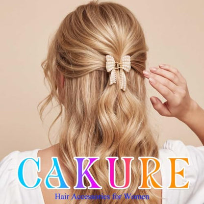 CAKURE Bow Claw Clips Gold Hair Clips Hair Accessories for Women | 2 PCS Pearl Bow Hair Claw Clips for Thin Hair Cute Small Claw Jaw Clips Daily Prom Wedding