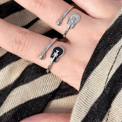 Adjustable Leaf Stackable Rings for Women Cubic Zirconia Stones Blue Leaves Purple Flower Open Band Stacking Finger Sliver Rings Fashion Plant Floral Aesthetic CZ Jewelry - color: black guitar