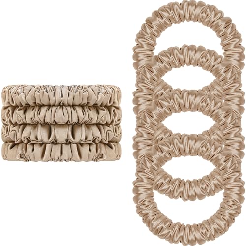 Scrunchies Hair Ties Silk Satin Scrunchy, WantGor Women 4PC Hair Bands | Pure Mulberry Silk Skinny Elastic Scrunchies Bracelets Ponytail Holders Hair Accessories (Champagne*4) - color: Champagne*4