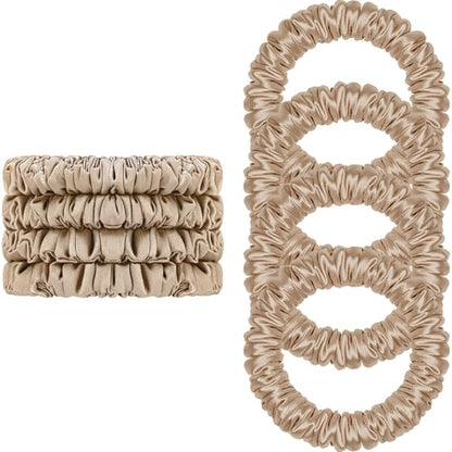 Scrunchies Hair Ties Silk Satin Scrunchy, WantGor Women 4PC Hair Bands | Pure Mulberry Silk Skinny Elastic Scrunchies Bracelets Ponytail Holders Hair Accessories (Champagne*4) - color: Champagne*4
