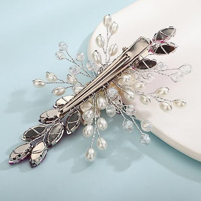 Xerling Rose Red Rhinestones Crystal Flower Hair Barrettes Clip Boho Bridal Pearl Hair Jewelry Accessories for Women Wedding Floral Headpieces (Rose Red) - color: Rose Red