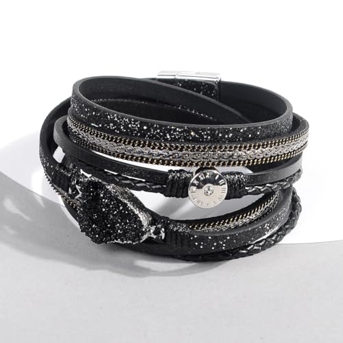 Artilady Leather Wrap Bracelet for Women, Pearl Beaded Bangle Stack Jewelry | Easy on-off, Elegant Handmade Multi-Layered, Daily Casual Date Beach Vacation, Gift for Ladies, Mother, Sister & Friend - style: Black with druzy
