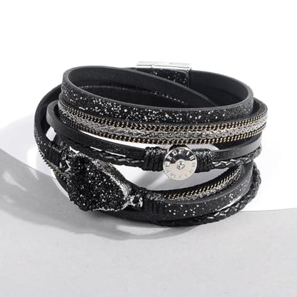 Artilady Leather Wrap Bracelet for Women, Pearl Beaded Bangle Stack Jewelry | Easy on-off, Elegant Handmade Multi-Layered, Daily Casual Date Beach Vacation, Gift for Ladies, Mother, Sister & Friend - style: Black with druzy