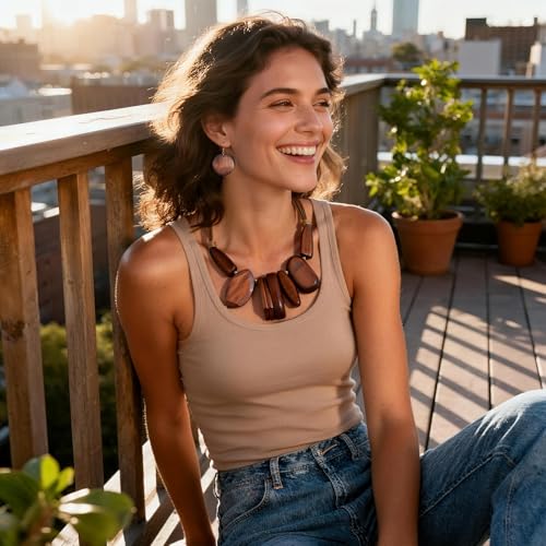 Coiris Chunky Statement Necklace and Earring Sets for Women Boho Wooden Necklaces Earrings Jewelry Set for Women - color: Brown