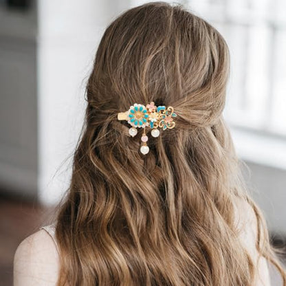 A Pair Wedding Hair Clips, Handmade Floral Design Crystal Hair Clips Pearl Barrettes, Rhinestones Flower Clips Pearl Headpieces Hair Pins Hair Accessories for Women Girls (Blue Flower) - color: Blue Flower