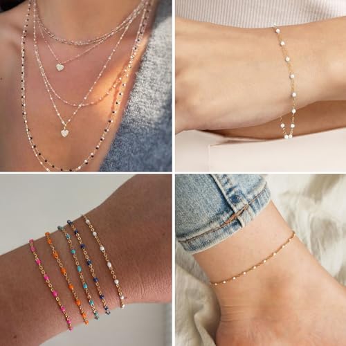 33FT 2mm Gold Cable Chains White Enamel Chains Bulk Roll for Jewelry Making | 18K Gold PVD Plated Stainless Steel Enamel Beaded Chains Roll for Necklace Bracelet - color: Gold White Beads