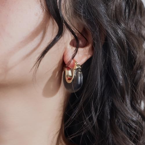 Chunky Gold Resin Hoop Earrings Leverback Statement Huggie Hoops Dangle Drop Dressy Earring Prom Festival Vacation Jewelry for Women - color: Black, size: Drop