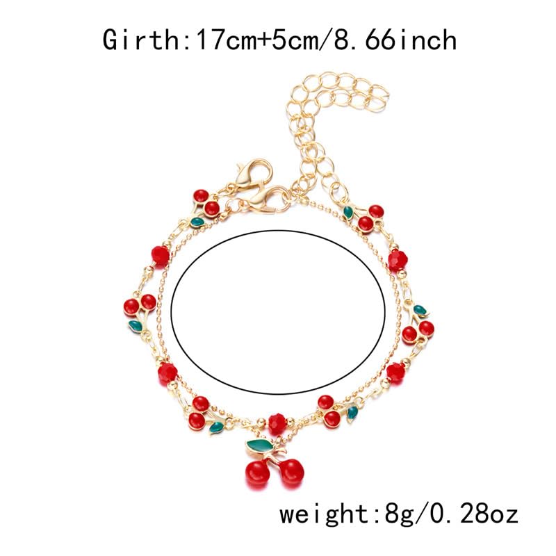 Tiny Red Cherry Fruit Necklace Bracelet Anklet Sweet Cherry Pendant Double Layered Gold Chain - color: red cherry anklet