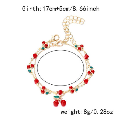 Tiny Red Cherry Fruit Necklace Bracelet Anklet Sweet Cherry Pendant Double Layered Gold Chain - color: red cherry anklet