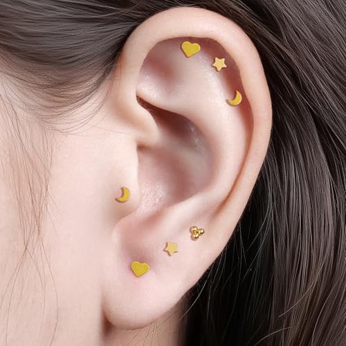 limerencia Titanium Threadless Flat Back Earrings Stud Piercing Jewelry | 20G Press Fit Titanium Push Pop in Cartilage Tragus Labret Lip Medusa Conch Piercing Jewelry Hypoallergenic for Women Men - style: Heart Gold