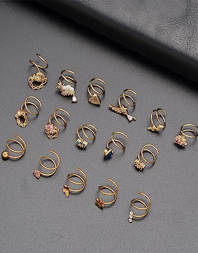 Akeoqi 16PCS Double Nose Ring Hoop For Single Piercing Stainless Steel Dangle Spiral Nose Rings Snake Flower Butterfly Planet Angel Wings Heart Ball Twist Earring Hoops Body Piercing Jewelry For Women - color: B: Gold