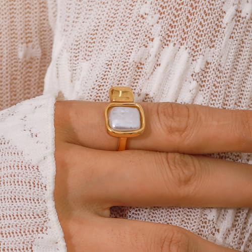 Baroque Pearl Ring for Women Gold-Tone Plated Adjustable Open Band Geometric Statement Jewelry for Middle Thumb Finger Adjustable Stainless Steel Comfort Fit Dainty Valentine's Anniversary