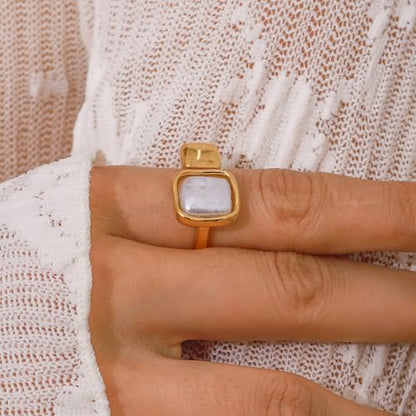 Baroque Pearl Ring for Women Gold-Tone Plated Adjustable Open Band Geometric Statement Jewelry for Middle Thumb Finger Adjustable Stainless Steel Comfort Fit Dainty Valentine's Anniversary