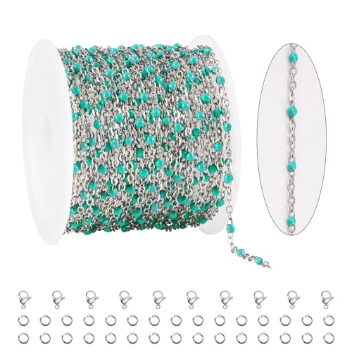 KYUNHOO 16.4 Feet Turquoise Green Bead Chain for Crafts with Jewelry Clasps | Thin Stainless Steel Necklace Making Chains Bulk on Spool with Lobster Clasps Jump Ring Jewelry Findings - color: Silver-Tuoquise-2mm