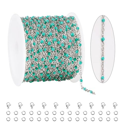 KYUNHOO 16.4 Feet Turquoise Green Bead Chain for Crafts with Jewelry Clasps | Thin Stainless Steel Necklace Making Chains Bulk on Spool with Lobster Clasps Jump Ring Jewelry Findings - color: Silver-Tuoquise-2mm