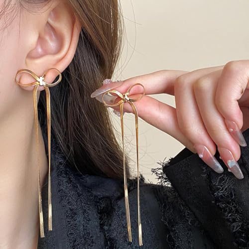 Luxval Rhinestone Earrings Dangling for Women Sparkly Silver Dangle Earrings Girls Long Chandelier Earrings Tassel Lightweight Ear Studs Cubic Zirconia Crystal Statement - color: Gold-Rope Bow