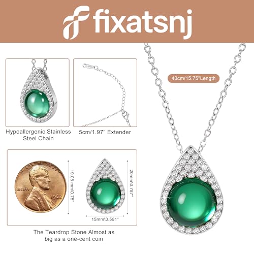 Women Trendy Faux Crystal Pendant Necklace 18K Gold/Silver Plated | CZ Halo Teardrop Drop Pendant Necklace Lightweight Fashion Jewelry Set Stackable For Wedding Daily Wear - color: Dark Green