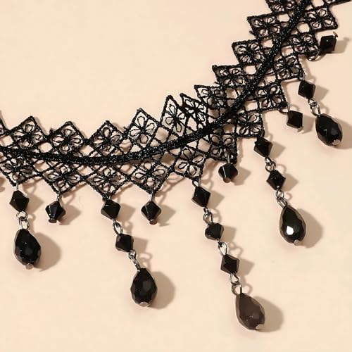 Qceasiy Gothic Black Necklace for Women, Adjustable Victorian Velvet Lace Collar, Halloween Party Cosplay Jewelry Gift - style: Mesh Pendant