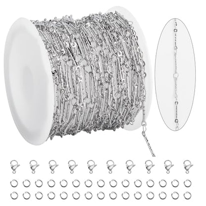KYUNHOO 16.4FT/5M Silver Chain for Jewelry Making Texture Bar Link Chain | Stainless Steel Jewelry Chains 12MM Long Stick Chains with Clasps for Crafting - color: Stick Silver
