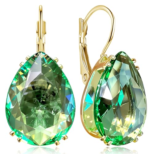 14K Gold Teardrop Crystal Leverback Earrings Sparkly Rhinestone Water Droplet Dangle Drop Earrings For Women - color: Grass Green