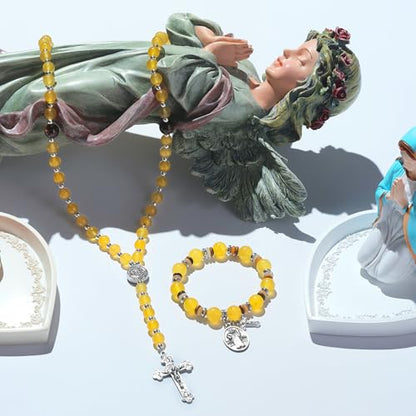 Rosary for Men Women, Natural Stone Beads with St. Benedict Bracelet | 8 mm Natural Stone Prayer Beads with 10 mm Accent Beads, St. Benedict Crucifix, Matching Bracelet, Gift Box and Pouch. - color: Yellow