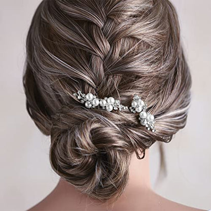 Asooll Gold Wedding Pearl Hair Comb Bride Crystal Headpiece Bridal Rhinestone Hair Clip Hair Accessories for Women(Set of 2) (B-Silver) - color: B-Silver