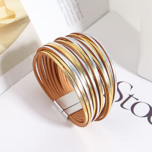 hotoo Leather Wrap Bracelet for Women - color: Gold and silver