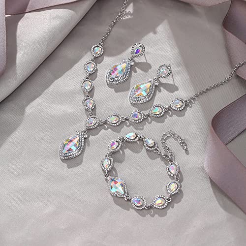EVER FAITH Bridal Wedding Crystal Marquise Teardrop Pendant Necklace Earrings Bracelet Set for Prom - color: Iridescent AB Silver-Tone