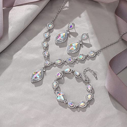 EVER FAITH Bridal Wedding Crystal Marquise Teardrop Pendant Necklace Earrings Bracelet Set for Prom - color: Iridescent AB Silver-Tone