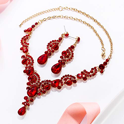 EVER FAITH Rhinestone Crystal Bridal Floral Wave Teardrop Necklace Earrings Set - color: 2pcs_Red