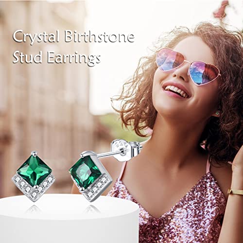 Birthstone Stud Earrings Sterling Silver Square Created Crystal Earrings Cubic Zirconia Hypoallergenic Piercing Jewelry Small Gifts for Women Mothers - color: May-Emerald