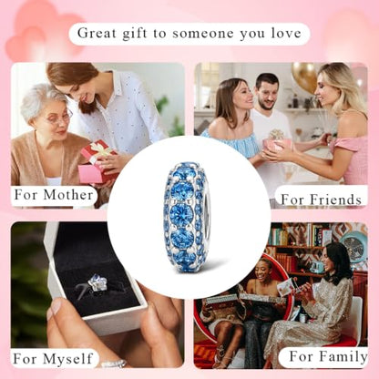 KEQ 925 Silver Spacer Stopper Bead Charms Clearance for Pandora Bracelets Birthstone CZ Always Stopper Birthday Gifts for Mom Grandmom Granddaughter Wife Sisters Friends - color: White Blue(2 Pcs)