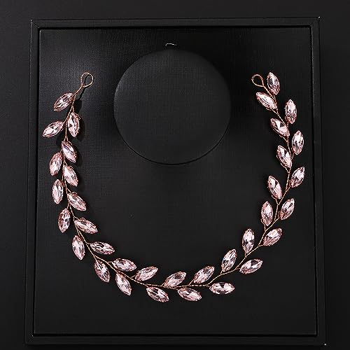 Teyglen Bride Wedding Crystal Hair Vine Full Pink Crystal Headband Bridal Hair Accessories Wedding Headpiece Handmade Pink Rhinestone Hair Piece Headband for Women Girls (Pink) - color: Pink