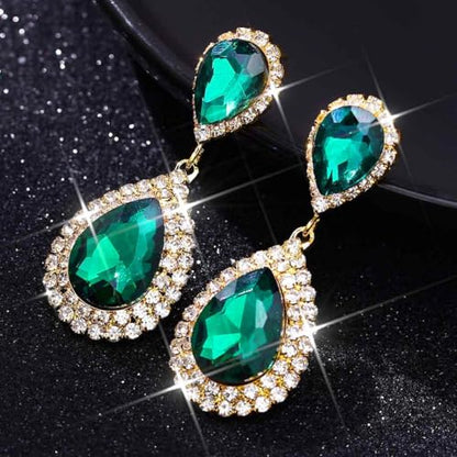 Catery Crystal Wedding Earrings Silver Rhinestone Ear Rings Teardrop Bridal Ear Jewelry for Brides and Women - color: Gold and Green