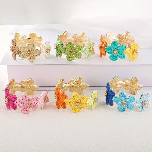 RUOFFETA Raffia Flower Cuff Bracelet for Women, Floral Chunky Bangle Wide Open Cuff Statement Bracelet - color: Colorful