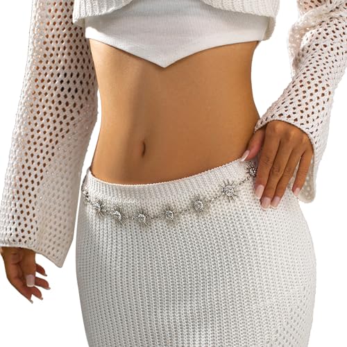 Metal Sunflower Waist Chain Belt Bikini Sun Waist Chains Jewelry Summer Beach Waist Belly Chain Adjustable Body Link Belt for Women - color: Silver