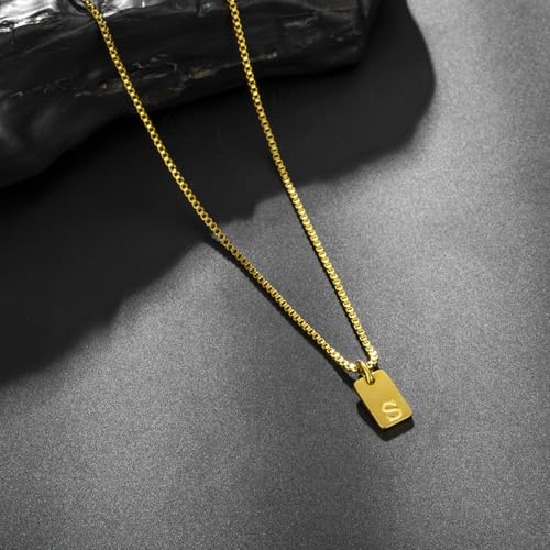 Gold Plated Square Initial Necklace Waterproof A-Z Letter Pendant on Thin Chain - Dainty, Stackable Jewelry for Women - color: Golden-S, size: F