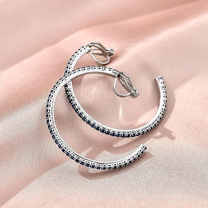 YOQUCOL 4.3CM(1.7in) Clip On Hoop Earrings Cubic Zirconia Non Pierced Ears Hoops for Women - color: Silver-Blue